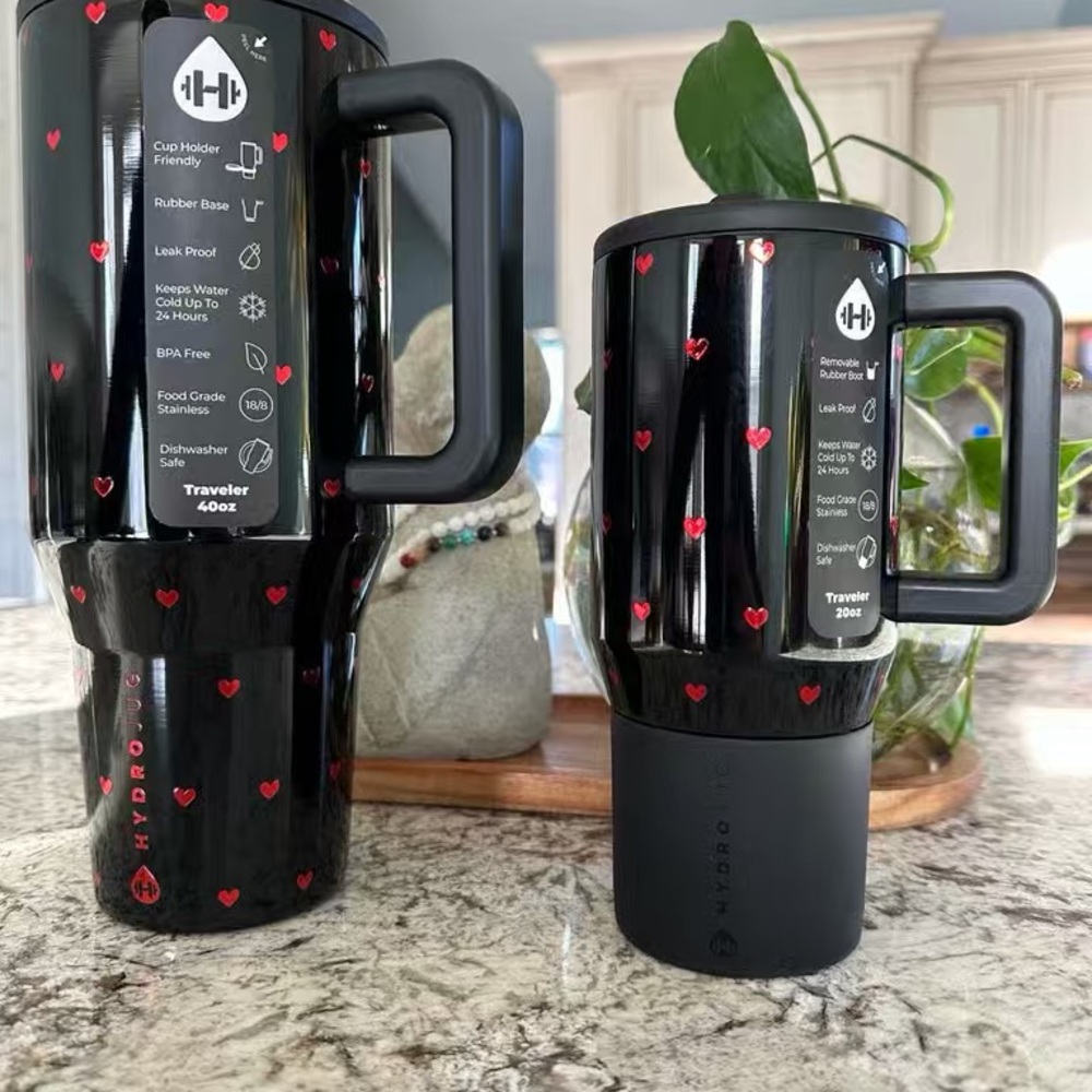 Hydro Flask Black Travel Mug with Red Hearts